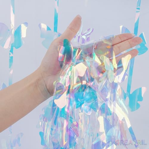 Iridescent Butterfly Fringe Party Backdrop - GREATRIL Fairy Streamers for Butterfly Princess Themed Birthdays Party Decoration - 3.2ft x 6.5ft - 2 Packs - color: Iridescent Butterfly