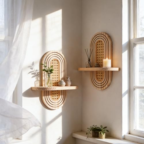 Artilady 2 Pack Boho Shelves Wall Decor - Natural Rattan Solid Wood Floating Shelf Rainbow Arch 2 Tier Trinket Plant Storage Rack Modern Wall Art for Bedroom Nursery Bathroom Office - color: Rattan Burlywood