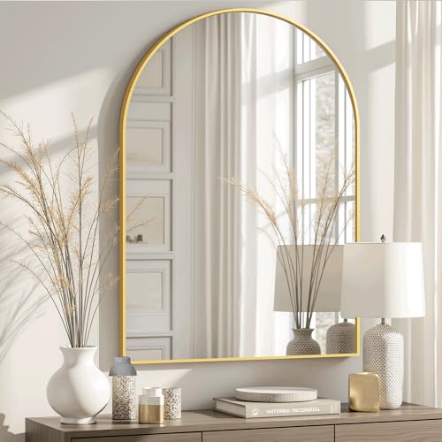 Arched Bathroom Mirror for Wall, 38" x 26" Gold Metal Frame Vanity Mirror, HD Glass Over Sink for Bathroom, Entryway, Bedroom - color: Gold, size: 38"L x 26"W