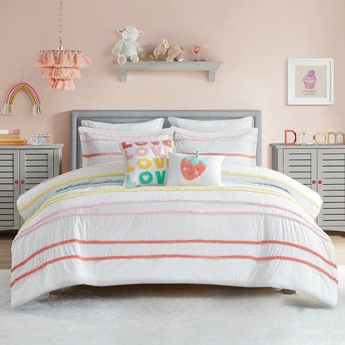 Intelligent Design Kids Twin Comforter Set, Cotton Comforter Set, Casual Fun Colors Chenille Stripes, All Seasons Fluffy Comforter Bed Set, 1 Sham, 2 Decor Pillows, Haisley, Twin, Pink Multi 4 Piece - color: Pink Multi, size: Twin Comforter