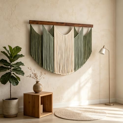 Large Boho Wall Art Decor, Macrame Wall Hanging Tapestry Handmade Cotton Yarn Dip Dyed Ombre for Living Room Bedroom Above Bed Headboard, Green Beige Sage 47.2 x 33.5 Inches Boho Home Decor Gift - color: 04-Tassel ornament