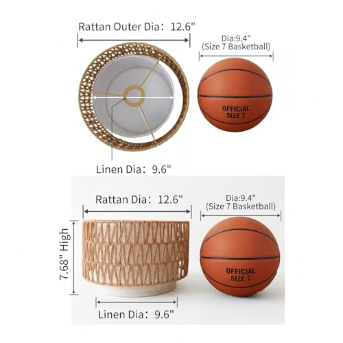 Boho Rattan Lamp Shade, 12.6" Top x 12.6" Bottom x 7.68" High, Natural Rattan & Linen Double Layer Lamp Shades for Floor Lamps Table Lamps Chandelier, UNO Fitter Lampshade Replacement, Easy Assembly