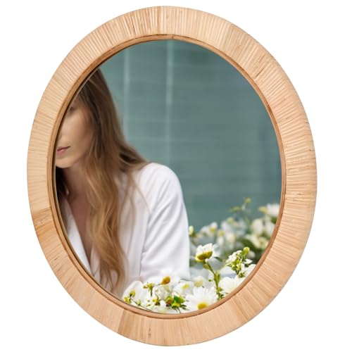 FUIN 20" Boho Round Rattan Mirror – Handwoven Wicker Wall Mirror for Nursery, Farmhouse & Coastal Décor - color: Rattan, size: 20"L x 20"W