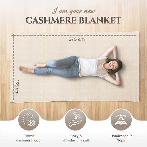 Cashmere Blanket – Hand Woven 100% Pure Wool Throw Blanket, 135 x 270 cm – Herringbone Pattern Cozy, and Soft Blanket for Bed, Sofa, or Couch - Made in Nepal - color: White Grey