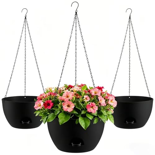 3-Piece Set of 10-Inch Hanging Planters with Automatic Watering System and Drip Tray, Includes Metal Chain, Suitable for Various Indoor and Outdoor Plants and Flowers,Black - color: Pure Black, size: 10 inch