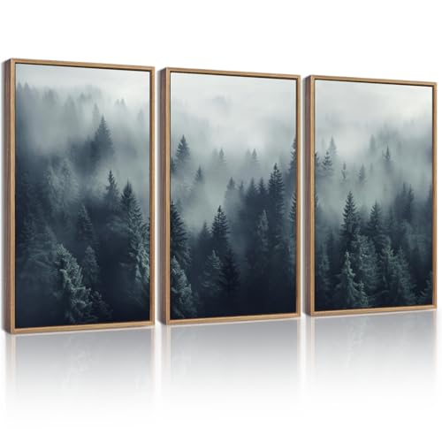 KUVIOKE Blue Fog Pine Tree Framed Wall Art Nature Nordic Forests Artwork Morden Painting Home Decor 11x14in (Natural Framed) - color: Blue Forest, size: 11 x 14in x 3 Panels Natural