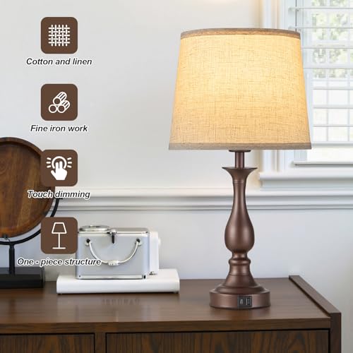 Bedside Table Lamp Touch Control Bedroom Lamps with USB A + C Charging Port 3 Way Dimmable Touch Lamps for Nightstand Living Room Bedroom Dorm Home Office Reading, Set of 2 (Beige Shade & Brown Base) - color: Beige Shade & Brown Base