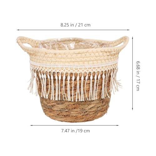 GALPADA Hand-Woven Decorative Plant Basket with Tassel, Small Indoor Woven Flower Planter with Liner, Natural Rope Material Boho Style Plant Holder for Home Garden