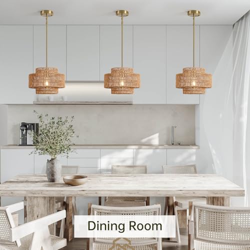 12.4” Boho Rattan Chandelier Light Fixture, 1-Light Hand Woven Pendant Light Fixture Farmhouse Rustic Hanging Lamp for Kitchen Island Bedroom, Dining Room, Living Room, Entryway, Foyer - color: Brown, size: 12.4" 1-Light