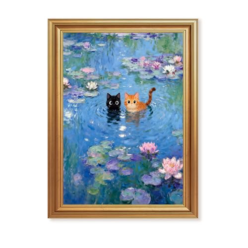 ICHZUMW Gold Framed Funny Cat Canvas Wall Art, Monet Style Water Lily Painting with Black and Orange Cats, Whimsical Animal Wall Decor, Ready to Hang for Bedroom Living Room Bathroom, 12x16in - color: Monet’s Garden Cats, size: 16"L x 12"W