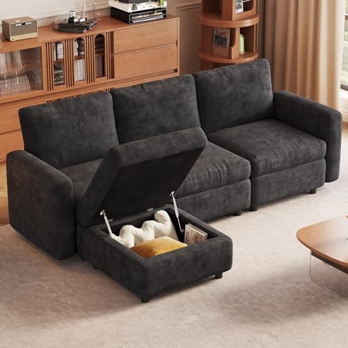 Guyii 4 Seater Modular Sectional Sofa with Storage Ottomans, L Shaped Couch with Comfy Cushions,Soft Fabric Sofa Couch for Living Room - color: Dark Gray, size: 4 seater(with one ottoman)