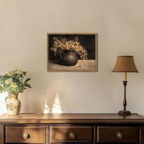 Framed Vintage Floral Wall Art, 3D Textured Sandstone Dark Still Life Flowers Wall Decor Paintings, Rustic Botanical Pictures Prints Aesthetic Home Decor for Living Room Bedroom 12x16 inch - color: Dark, size: 16"L x 12"W
