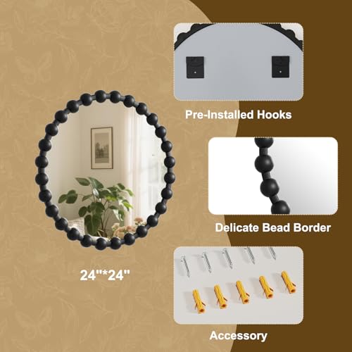 Easly Round Mirror for Wall, 24 Inch Black Beaded Frame Decorative Vanity Mirror, Circle Bathroom Mirror with High-Definition Lense, Modern Wall Decor for Bathroom, Living Room, Bedroom, Entryway - color: Black, size: 24"L x 24"W