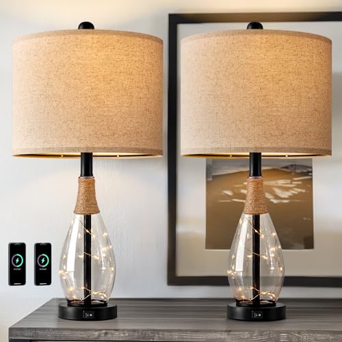 OYEARS 23" Table Lamps for Living Room Set of 2 Bedside Lamps for Night Stands Bedroom Lamps Farmhouse Rattan Boho Lamp Glass Nightlight End Table Lamp with USB C+A (Black),Two Light Points - color: Farmhouse Black