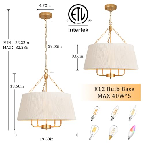 19.7'' Hand-Woven Rattan Chandelier, 5 Light Gold Boho Chandeliers for Dining Room, Adjustable Large Farmhouse Coastal Light Fixtures for Kitchen, Living Room, Foyer, E12 - color: 5-light Gold