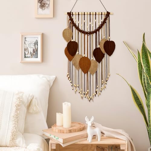 Weldomcor Macrame Wall Hanging Boho Leaf Woven Tapestry, Bohemian Chic Home Decor Modern Handmade Leaves Feather Wall Art Decorations for Bedroom Living Room Apartment Ornament 16.5"W X 31.5"L (Khaki Brown) - color: Khaki Brown