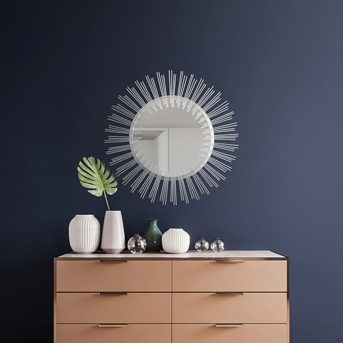 Edvivi Round 31" Silver Sunburst Hanging Wall Mirror with Metal Frame, Decorative Mirror for the Living Room, Bedroom, Bathroom, Hallway, and Entryway - color: Silver