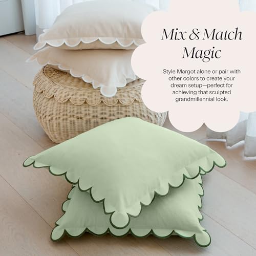 BEBE BASK Green Scalloped Pillow Cover - Set of 2-18 x 18 Inch - Scallop Pillow Cover - Scalloped Pillows - Scallop Pillows - 100% Cotton - Grandmillennial Style (Moss Green) - color: Moss Green/Green