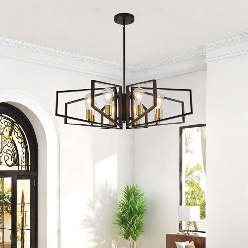 Black and Gold Chandelier, 8-Light Farmhouse Dining Room Light Fixture, Geometric Pendant Lights Kitchen Island, Modern Industrial Chandelier for Living Room, Bedroom, Foyer, Stairway, Entryway - color: 01-Black and Gold-8 Lights