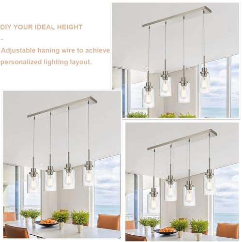 4-Lights Pendant Light Fixtures, Modern Brushed Nickel Kitchen Island Lighting with Clear Glass Shade, Adjustable Hanging Ceiling Lamp - color: Brushed Nickel, size: 4-Light