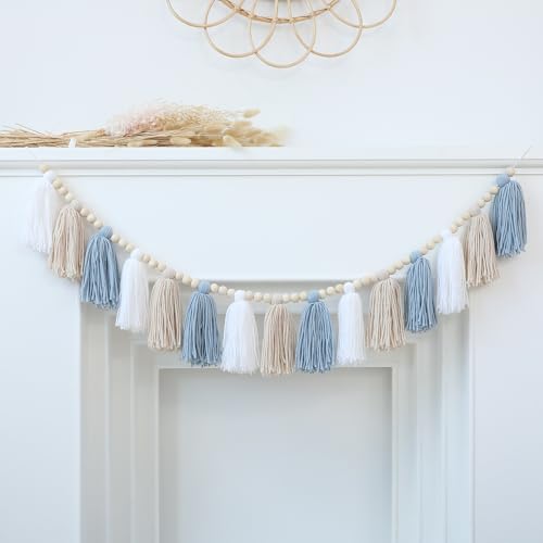 DCJHFJ Boho Blue Tassel Garland Wall Hanging with Wood Beads for Baby Shower Kids Room Bedroom Nursey Back to School Decorations - color: Blue