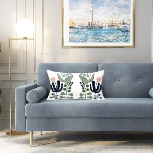 Alysheer Floral Embroidered Summer Lumbar Decorative Throw Pillow Cover 12"x 20", Farmhouse Cottage Navy Blue Green Flowers Leaves Patterned Cotton Canvas Cushion Case for Sofa Couch Bed Living Room - color: - Blue Green, size: 20" x 12" (Pack of 1)