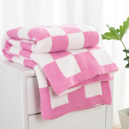 Carriediosa Checkered Throw Blanket 50" X 60", 400GSM Ultra Soft Microfiber Fuzzy Fluffy Reversible Cute Preppy Knitted Blankets Cozy Plush Fall Throws for Couch, Bed, Sofa, Hot Pink - color: Check - Hot Pink, size: 50" X 60"