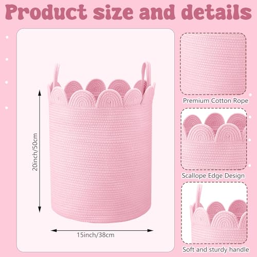 LemonRoad Pink Round Tall Basket Large Blanket Basket 15" L X 15" W X 19.7" H Scalloped Woven Baskets Cotton Storage Baskets for Nursery Classroom Closet Blankets Storage Home Decor - color: Pink, size: 15" L X 15" W X19.7" H