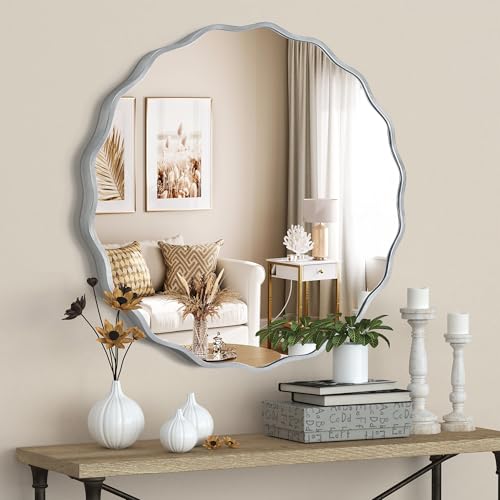 Gold Round Mirror for Wall, 24"x24" Decorative Wavy Bathroom Mirror with Brushed Alloy Steel Frame & Shatter-Proof Glass, Hanging Circle Wall Mirrors for Bathroom, Entryway (Silver, Small) - color: Silver, size: Small