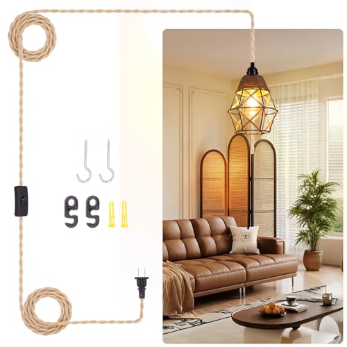 FRIDEKO HOME Farmhouse Rustic Plug in Pendant Light - Rattan Hanging Lamp with Plug in Cord 15ft Pendant Light Fixture with Wicker Lampshade Boho Industrial for Bedroom Living Room Decor - color: 5-Cage Lampshade