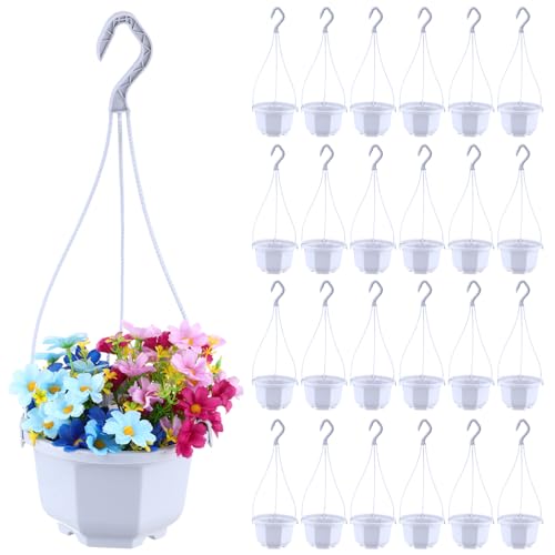 Roshtia 24 Pcs Hanging Plastic Planter Pot with Hook Flower Pots Baskets Hanging Nursery Planter Holder for Outdoor Indoor Plant Garden(Ceramic White,6 Inch) - color: Ceramic White, size: 6 Inch