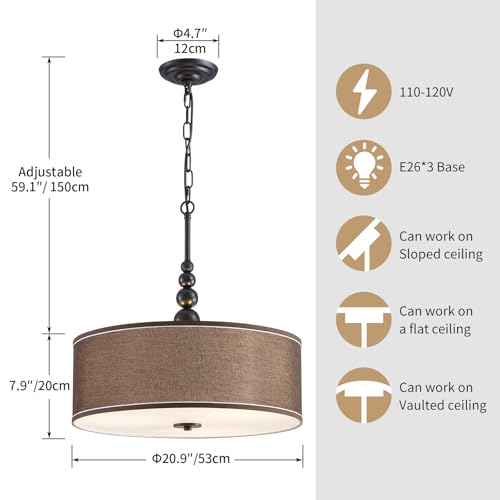 Shrine Lighting Drum Chandeliers, Farmhouse Style, Perfect Drum Pendant Light for Dining Room, D21'' x H8'', Adjustable Chains 59'', E26*3 Sockets, Brown Linen Fabric Lampshade & Black Rod - color: Brown&Black D20''