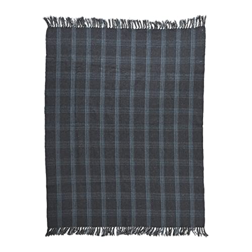 Creative Co-Op Recycled Cotton Blend Throw Blanket with Fringe, Grey Plaid - color: Grey, size: One Size