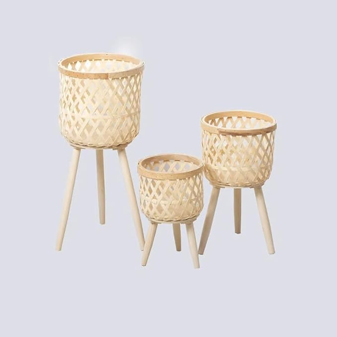 Nordic Style Rattan Flower Pot Indoor Balcony Living Room Plant Green Flowers Hand-Woven Wooden Tall Floor Flower Stand (Beige, 9.7x17inch(24.5x43cm))