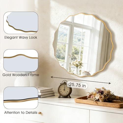 26" Wavy Mirror Scalloped Farmhous Modern Wood Farme Mirror Wall Decor for Bathroom Entryway Living Room Bedroom Hallway - color: Gold, size: 26"L x 26"W