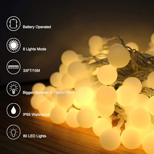 Globe String Lights Battery Operated Warm White ，Water Proof 1 Pack 33FT 80 LED Globe Fairy String Light 8 Modes with Remote Control, for Home, Party, Christmas, Wedding, Garden Decoration - color: 33FT Globe Lights-1Pack