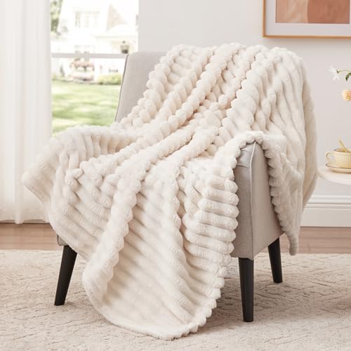 EXQ Home Fleece Blanket Twin Size for Couch or Bed - 3D Stripe Jacquard Decorative Blankets - Cozy Soft Lightweight Fuzzy Flannel Blanket Suitable for All Seasons(60"×80",Beige) - color: Beige, size: Twin