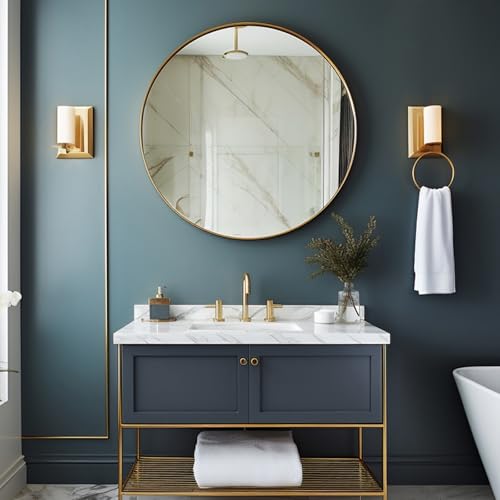 Sunniry Round Gold Mirror, 28 inch Round Mirror, Circle Bathroom Mirrors Metal Frame, Wall Mounted Circle Mirrors for Bathroom, Living Room, Hallway, Farmhouse. - color: Gold, size: 28"L x 28"W