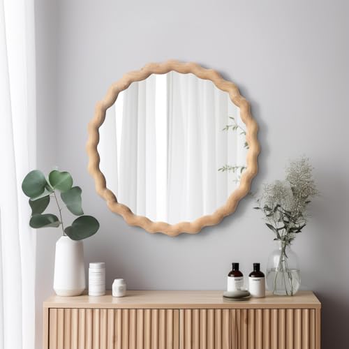 sawsile Circle Wood Mirrors for Wall, 36" Large Irregular Wavy Wood Modern Boho Vanity Farmhouse Mirrors for Bedroom Living Room Entryway Hallway Fireplace - size: 36"L x 36"W