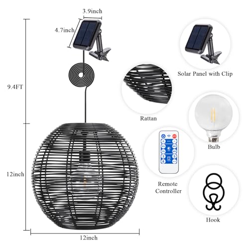 Ranttan Outdoor Chandelier, 12" Outdoor Pendant Lights Rattan Solar Hanging Lights Large Rattan Ceiling Light with Remote 4 Modes Lighting Waterproof Lighted for Garden Porch Patio Kitchen, Black - color: Black