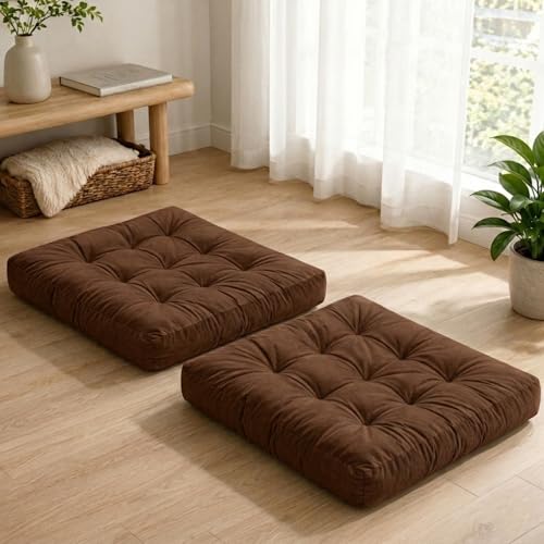 Floor Pillows for Adults Set of 2, Soft Velvet Floor Cushions for Sitting, Square Tufted Floor Pillow Set for Reading Nook, Living Room, Bedroom, 22 x 22 Inch, Brown - color: Brown, size: 2pack