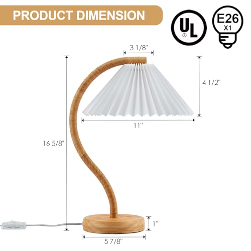 Boho Hand Woven Rattan Table Lamp with White Fabic Shades Plug in and Play Gooseneck Table Light for Bedside Living Room Bedroom Office