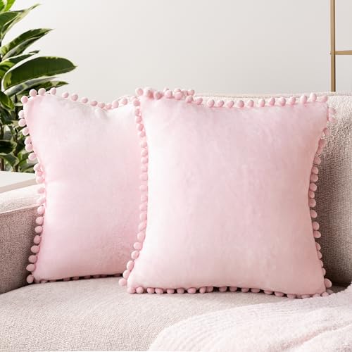 PAVILIA Light Pink Throw Pillow Covers with Pom Pom 18x18 Set of 2, Decorative Pillow Cases for Bedroom Aesthetic, Small Throw Pillows Set for Bed, Velvet Euro Plush Cushion Covers for Sofa Couch - color: Light Pink, size: 18" x 18" (Pack of 2)