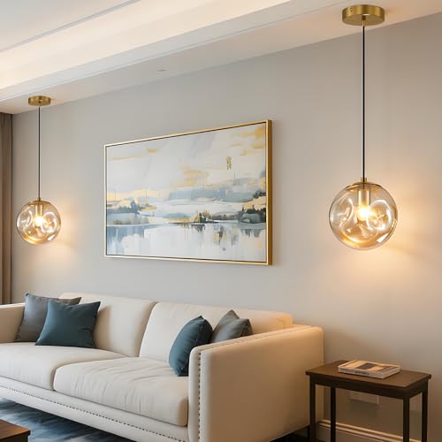 Modern Amber Concave Glass Pendant Light, 2-Pack Kitchen Island Lighting Single Globe Pendant Light Fixtures Century Kitchen Island Pendant Light for Bedroom Dining Room Light (Without Bulbs) - color: Amber-1 Light-2PC