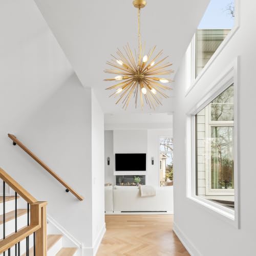 23.8" Modern Sputnik Chandelier 9-Lights Mid-Century Modern Starburst Golden Chandelier Luxury Gold Solid Metal Sputnik Satellite Chandeliers for Dining Room, Kitchen Island, Bedroom, E12 - color: Gold 23.8"