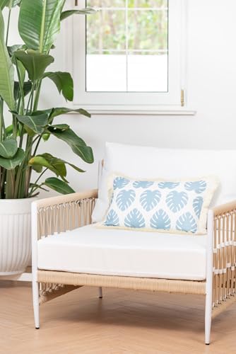 Hofdeco Premium Coastal Hampton Style Patio Indoor Outdoor Lumbar Pillow Cover Only, 12"x20" Water Resistant for Backyard, Couch, Baby Blue Monstera Leaf Fringe - color: Baby Blue Monstera Leaf, size: 12"x20" (Pack of 1)