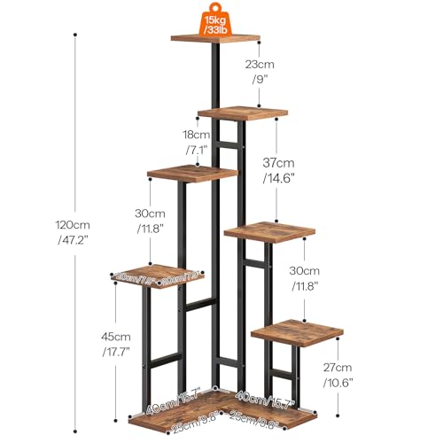 HOOBRO Corner Plant Stand Indoor, 7-Tier Plant Shelf for Multiple Indoor Plants, Corner Plant Rack Organizer, Square Flower Stand, for Living Room, Balcony, Patio, Rustic Brown and Black BF01HJ01