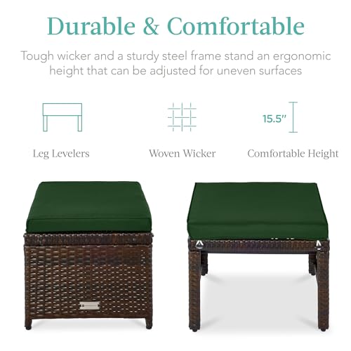Best Choice Products Set of 2 Wicker Ottomans, Multipurpose Outdoor Furniture for Patio, Backyard, Additional Seating, Footrest, Side Table w/Removable Cushions, Steel Frame - Midnight Green/Brown - color: Midnight Green/Brown