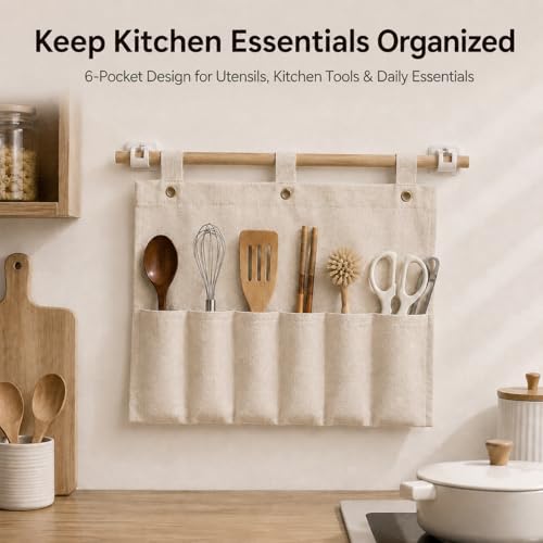 No Drill Canvas Wall Organizer with Mounting Clips, Hanging Pocket Organizer with Wooden Rod, Fabric Wall Storage for Bedroom, Bathroom, Entryway(Large) - size: Large
