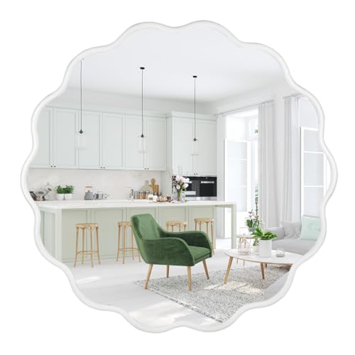 White Round Wavy Mirror for Wall 22 inch Nursery Mirror Decorative Metal Circle Mirrors Scalloped White Hanging Mirror for Bathroom,Bedroom, Dresser, Living Room,Entryway - size: 22"L x 22"W